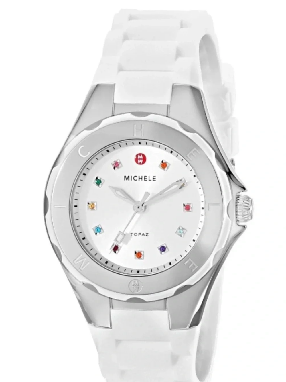 Michele Topaz White Silicone Strap Watch with Multicolor Crystal Markers